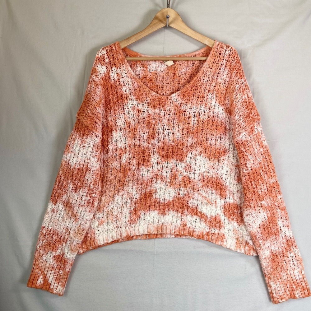Pilcro Women Open texture Knit V Neck Sweater M Oversized Boho Coastal Pullover
